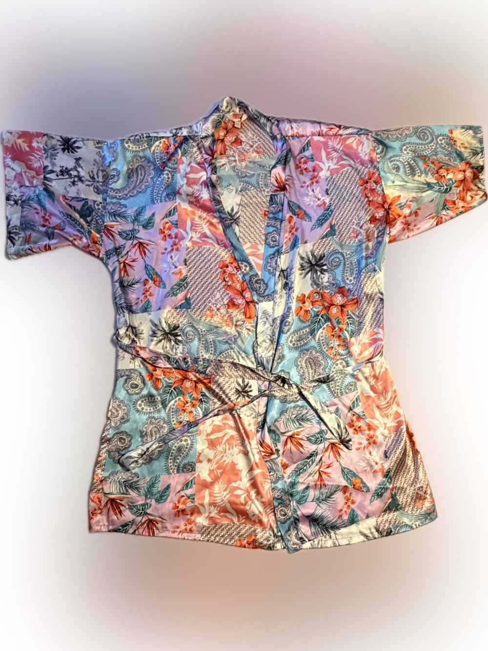 XXL Silky Patchwork Lounge Robe - Pink, Blue & Orange Floral Kimono - Picture 3 of 8